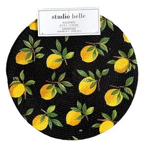 NEW Studio Belle Round Braided Placemats 15in Yellow Lemons on Black Set of 4